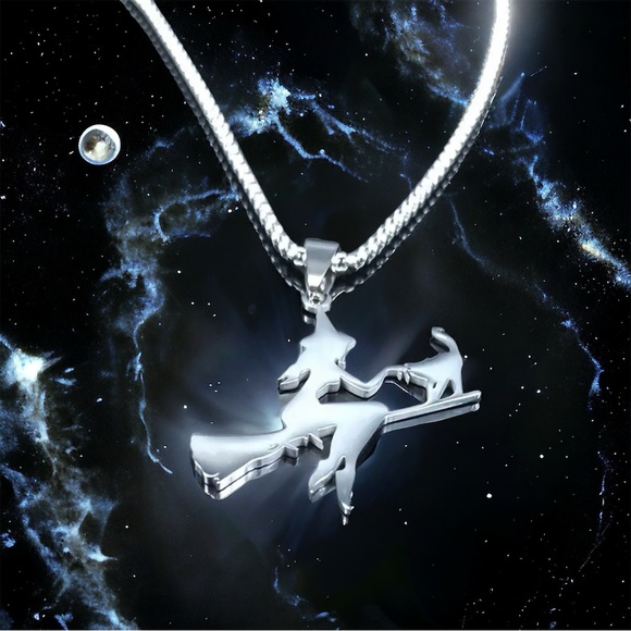 Witch Broom‎ Cat Pendant Necklace Women Witchcraft Silvery Color Hollow Out - Picture 7 of 11